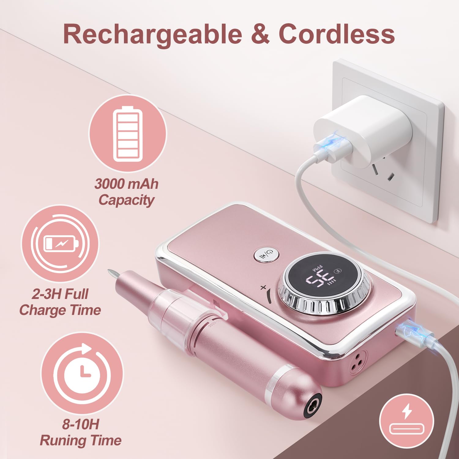 Taladro de uñas eléctrico profesional, 35,000 rpm, taladro de uñas portátil Efile con 11 brocas de uñas, máquina de taladro de uñas recargable con pantalla LCD para quitar esmalte de uñas acrílicas 4