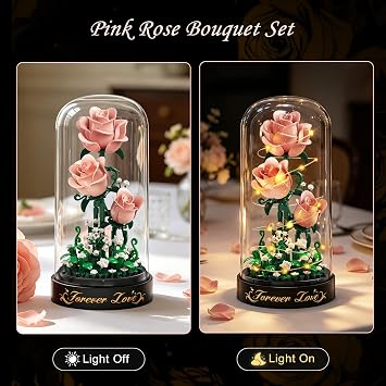 HiWEEGO Pink Flower Building Set with LED Light & Dust Cover 241 PCS