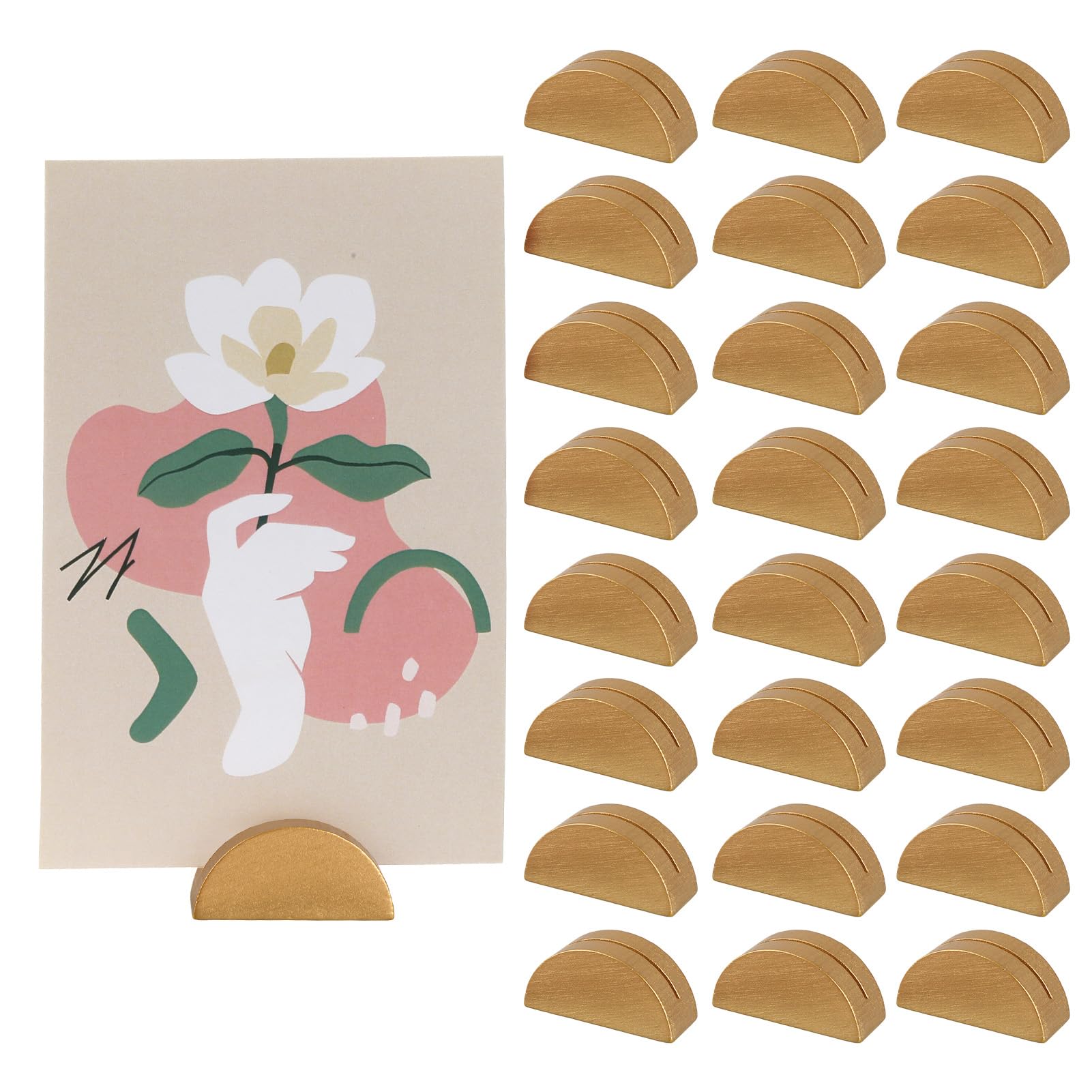 SMCEHEYA Table Number Stands 24Pcs Wooden Place Card Holders Golden Semicircular Design Greeting Card Display Stand Modern Table Card Clips for Wedding Table Name Number Picture Memo Note Photo(4X2cm)