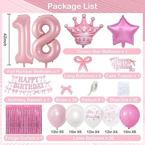 Miniatura 2 de Decoraciones de cumpleaños con lazo rosa número 18 para niñas, decoración de fiesta de coqueta que incluye 40 pulgadas de papel de aluminio número
