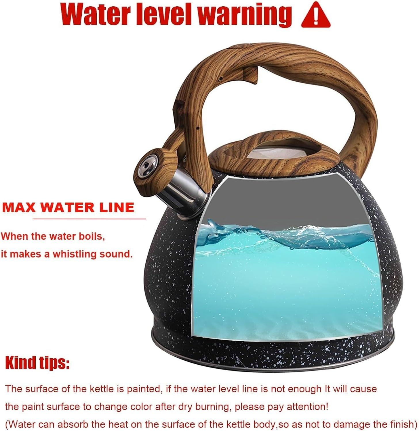 Black Tea Kettle Stovetop, 3.2 Qt Whistling Tea Pot 304 Stainless Steel, Wood Grain Handle Teapot, Food Grade Heat Resistant Whistle Tea Kettle