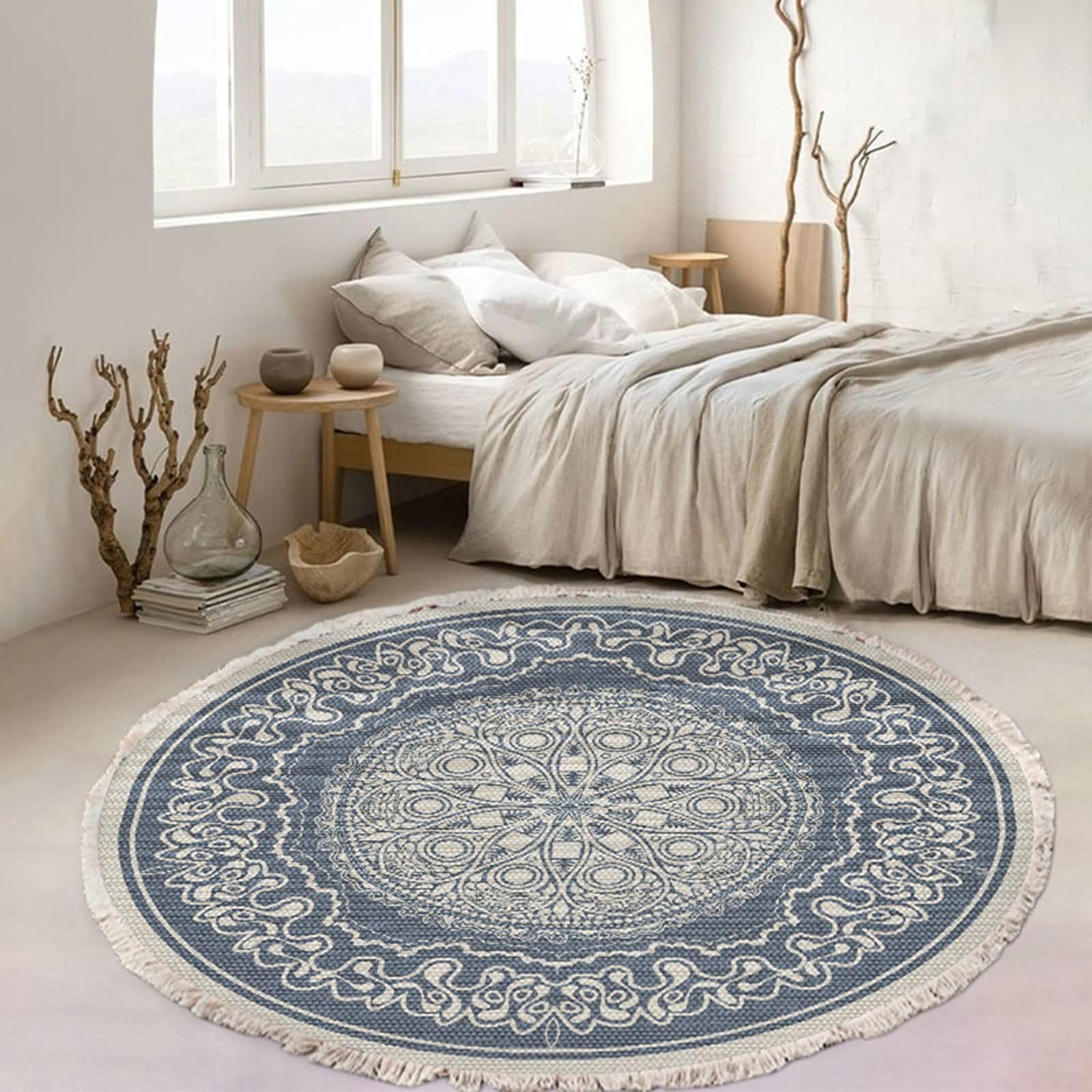 Balkon Teppich Rund 100 cm Waschbar, Teppiche Schlafzimmer Polyester, Mandala Muster mit Quasten, Fußmatte Innen Beige Blau