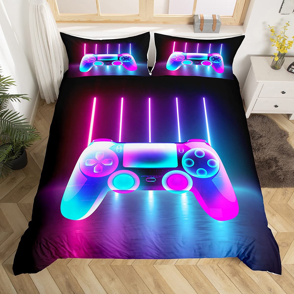 Loussiesd Gamer Betten Set Jungen Spiele Bettwäsche Set 135x200cm Kinder Teens Videospiel Gamepad Bettbezug Set Neuheit Gradient Game Controller Lila Blau Schlafzimmer Kollektion 2St