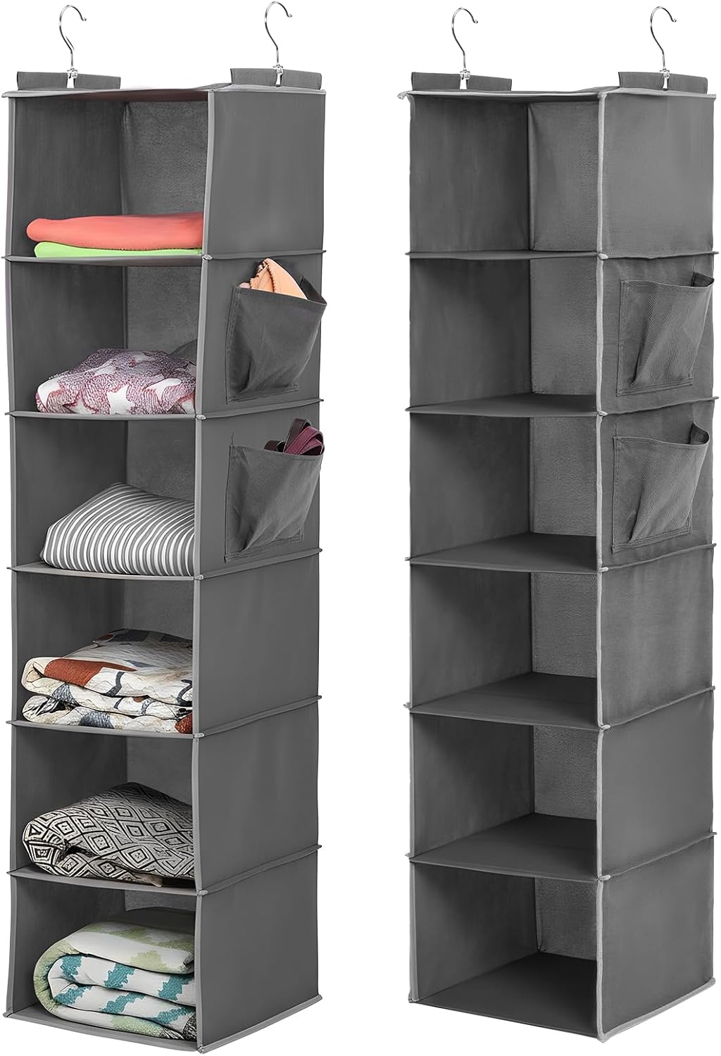 2 Pcs Hanging Closet Organizer, 6-Shelf Storage with 2 Side Pockets and Hooks, for Clothes Sweaters Shoes Accessories, Space-Saving for Dorm RV Small Closet, Grey