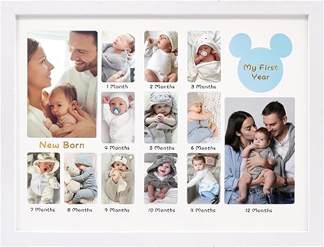 My First Year 12 Month Picture Frame,Baby Keepsake Photo Frame with Double Mat,13x17 Collage Frame Wall Hanging for Nursery Decor 14 Photo Inserts,New Mom Gift,White