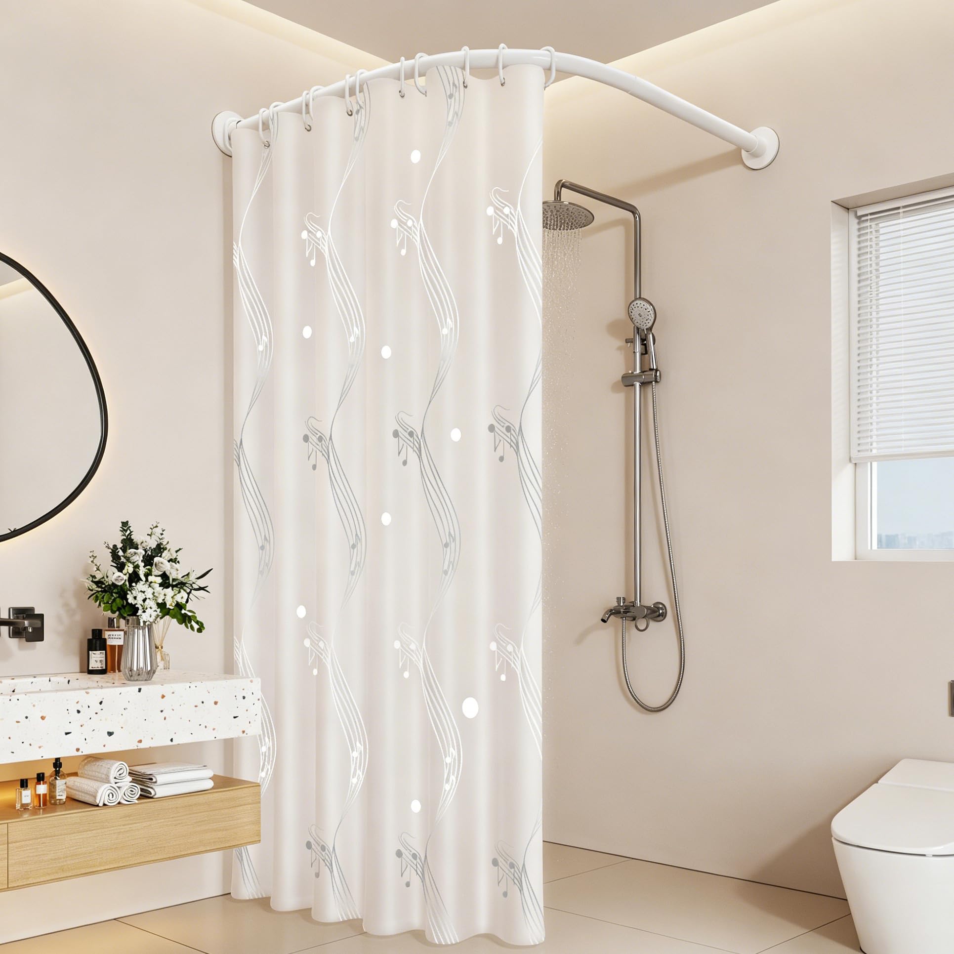 L Shaped Shower Curtain Rail, Adjustable Stainless Steel Corner Shower Curtain Rod, Curved Shower Pole Extendable, For Bathroom, Clothing Store, Private Space(Size:C 90-130cm x 90-130cm,Color:White)