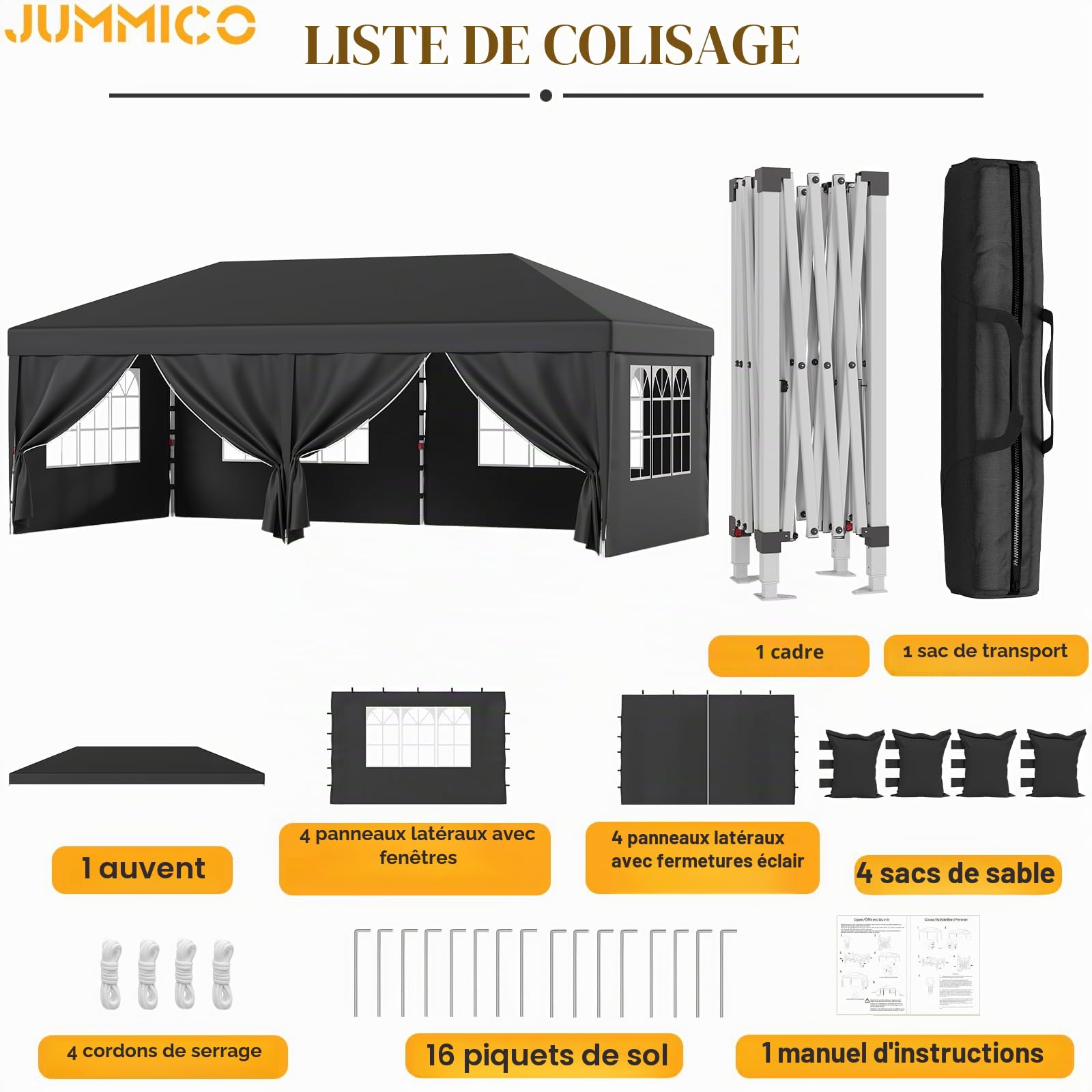 JUMMICO tonnelle Pliante 3x6 imperméable, Hauteur Réglable, Toile Épaisse avec Fermeture Velcro, Structure Robuste, Protection Anti-UV, Idéale pour Camping, Jardin et Plus Encore, Gris