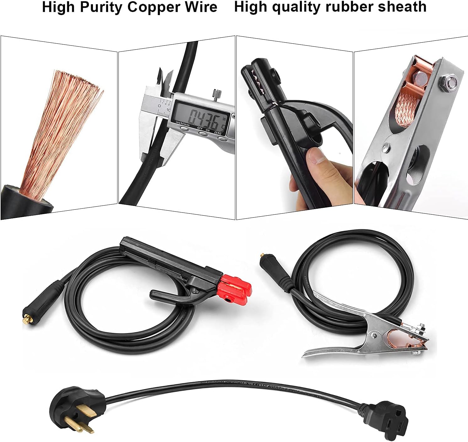 Close-up of high purity copper welding cables with high quality rubber sheathing, and the power cord for the HITBOX ARC200D welder.