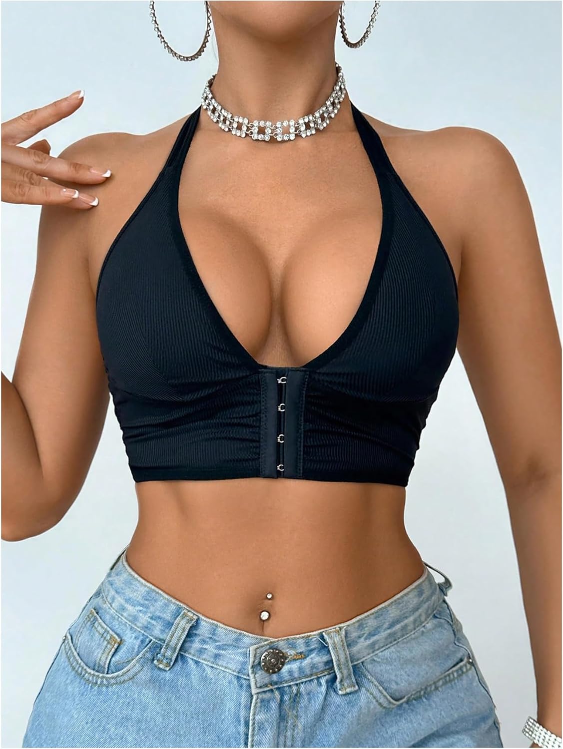 SHENHE Women's Front Closure Halter Deep Plunge Bra No Wire Unpadded Comfort Bralette - Image 3