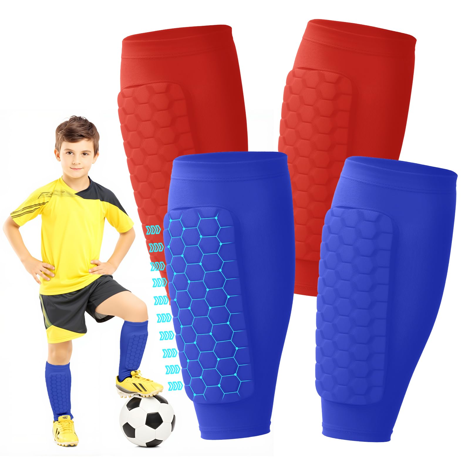 2 Pairs Shin Guards Kids,Shin Defender Kids,Football Soccer Shin Pads, Honeycomb Compression Sleeve Football Shins Guard For Boys Kid Teenagers,XS,Blue Red