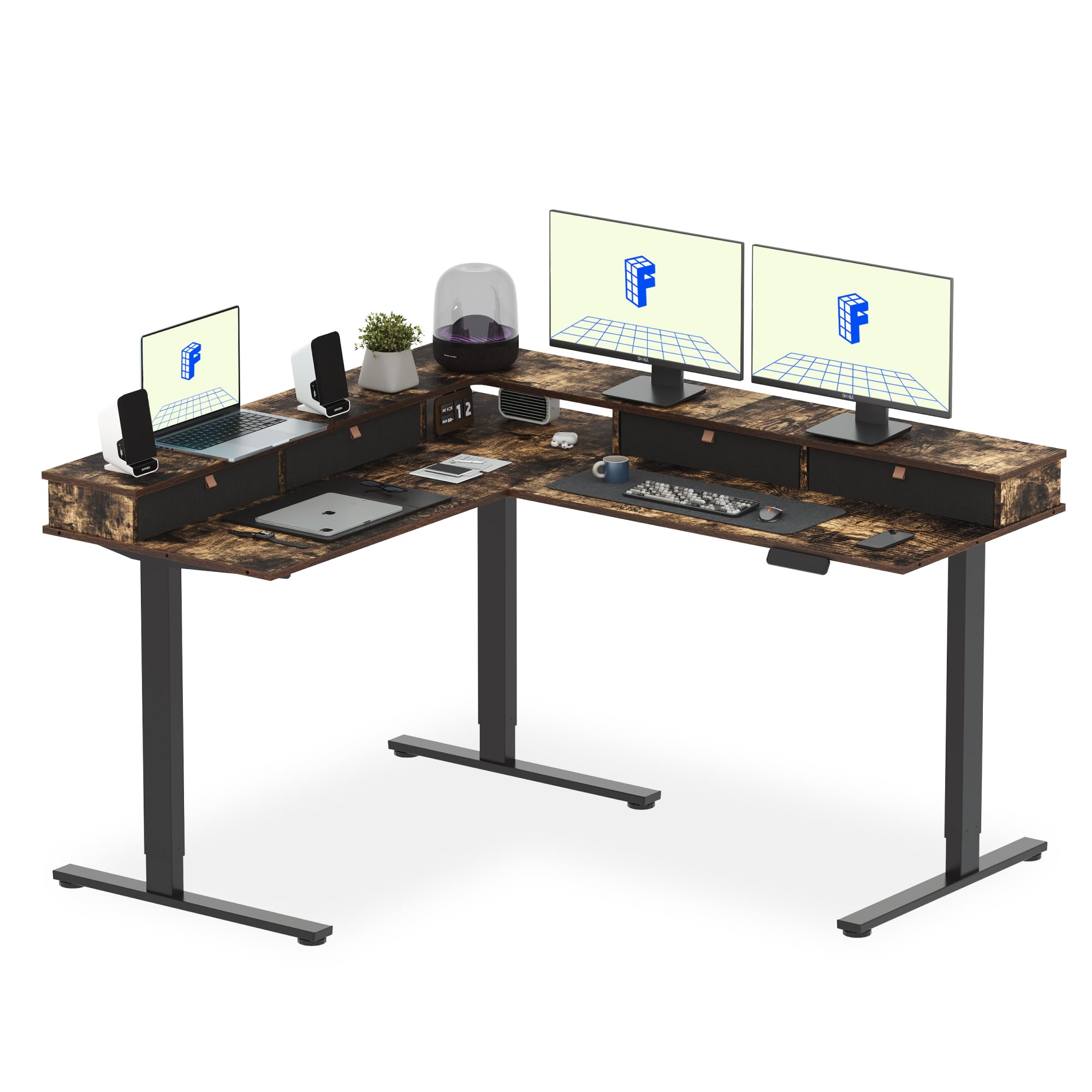 FLEXISPOT63" L Shaped Standing Desk Electric Corner Table with Shelf, 4 Storage Drawers, Adjustable Computer Workstation for Home, Office, Game, Studio, Rustic Brown Top + Black Frame