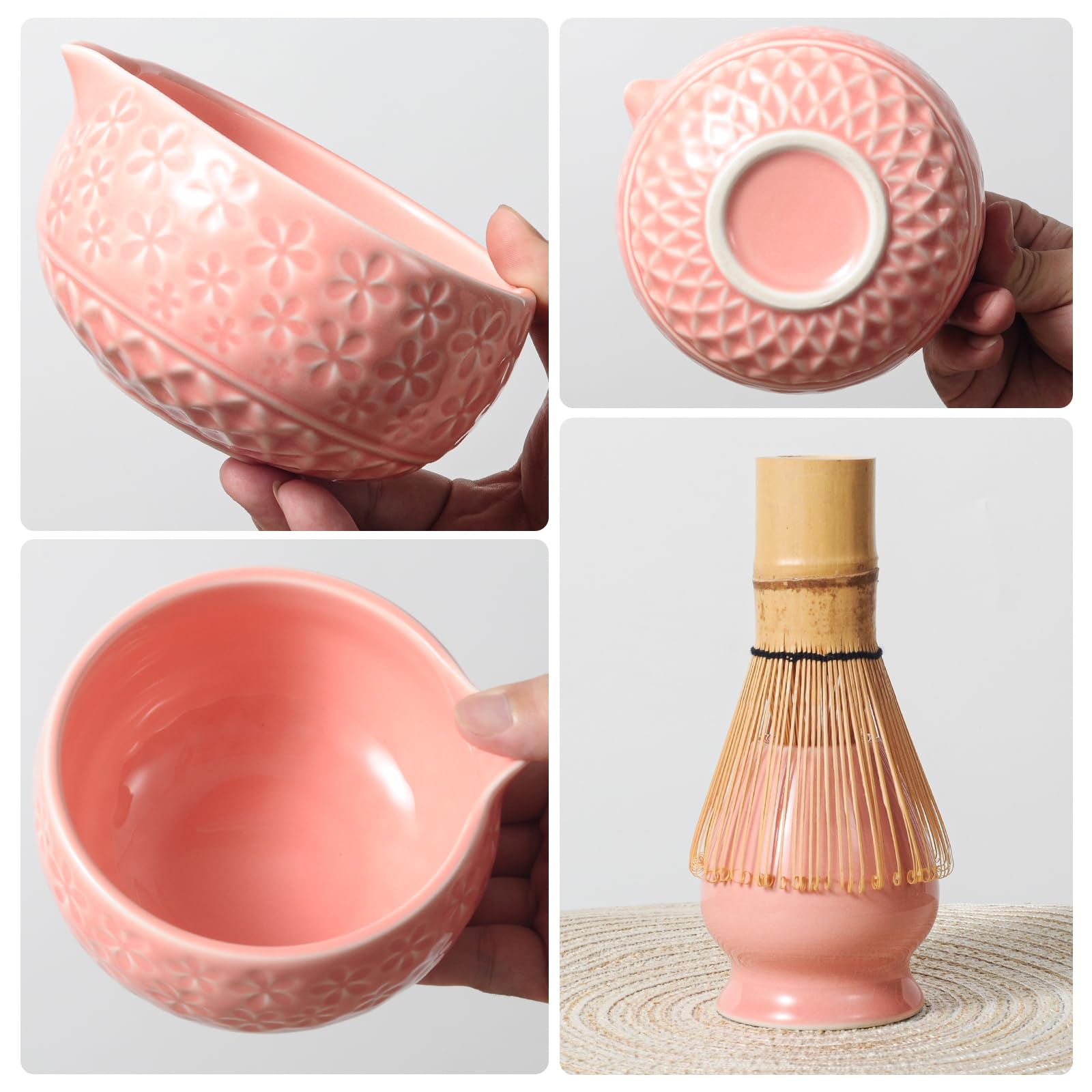 Souvik Kit de Matcha Japonés 7 Piezas – Matcha Set de Ceremonia con Tazón con Pico, Batidor de Bambú, Cuchara, Tamiz, Soporte y Paño – Regalo Ideal para Amantes del Té, Rosa