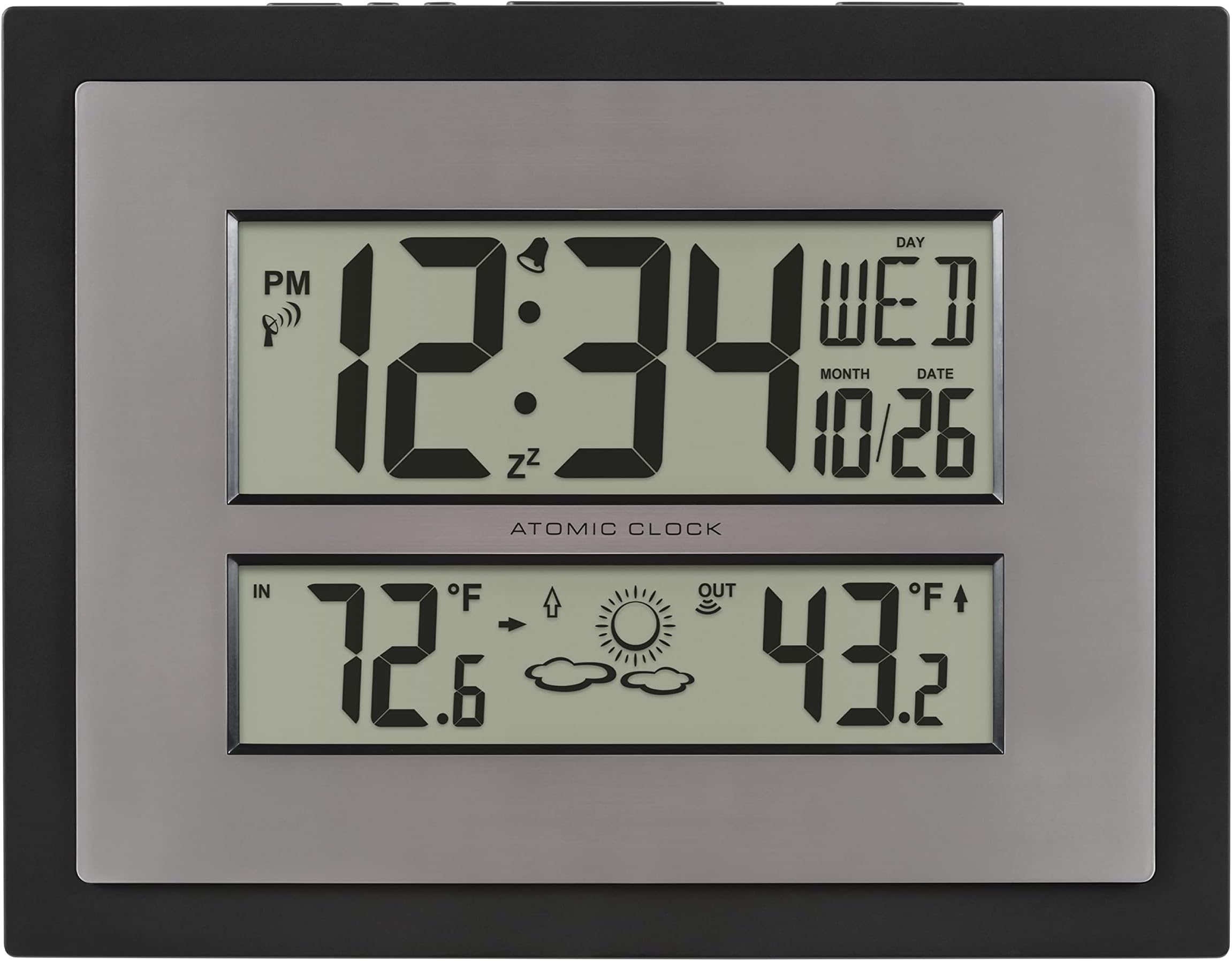 La Crosse Technology 512-65937-INT Atomic Digital Wall Clock with Temperature & Forecast in Black/Silver
