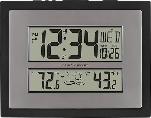 La Crosse Technology 512-85937-INT Reloj de pared digital atómico con temperatura y pronóstico en grisplateado