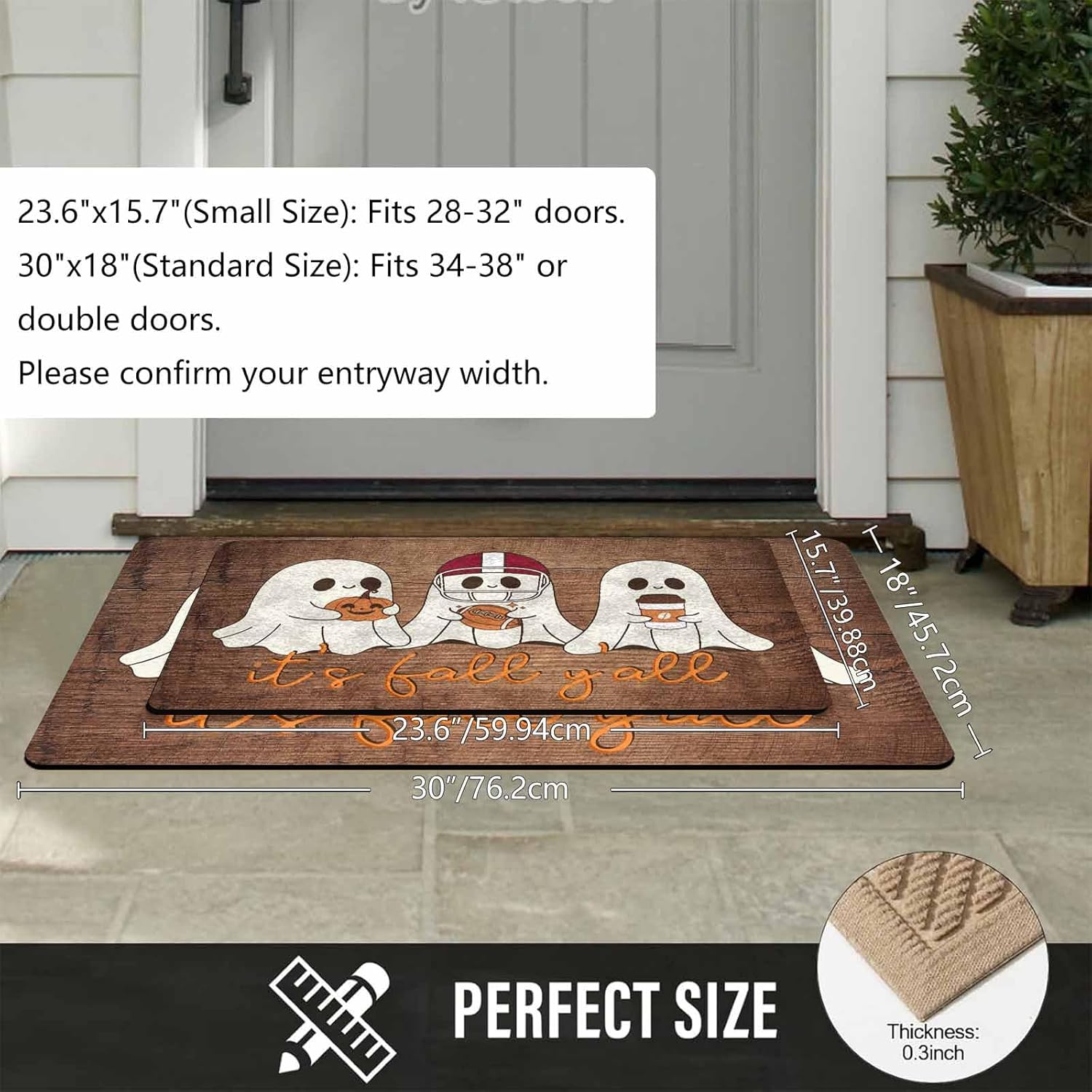 Cute Ghosts It's Fall Y'all Door Mat,Halloween Welcome Mat for Front Door,Non-Woven Fabric Doormat for Entryway, Porch or Patio,Bathroom,Kitchen,Rubber Backing Indoor Outdoor Doormat 30 * 18 in