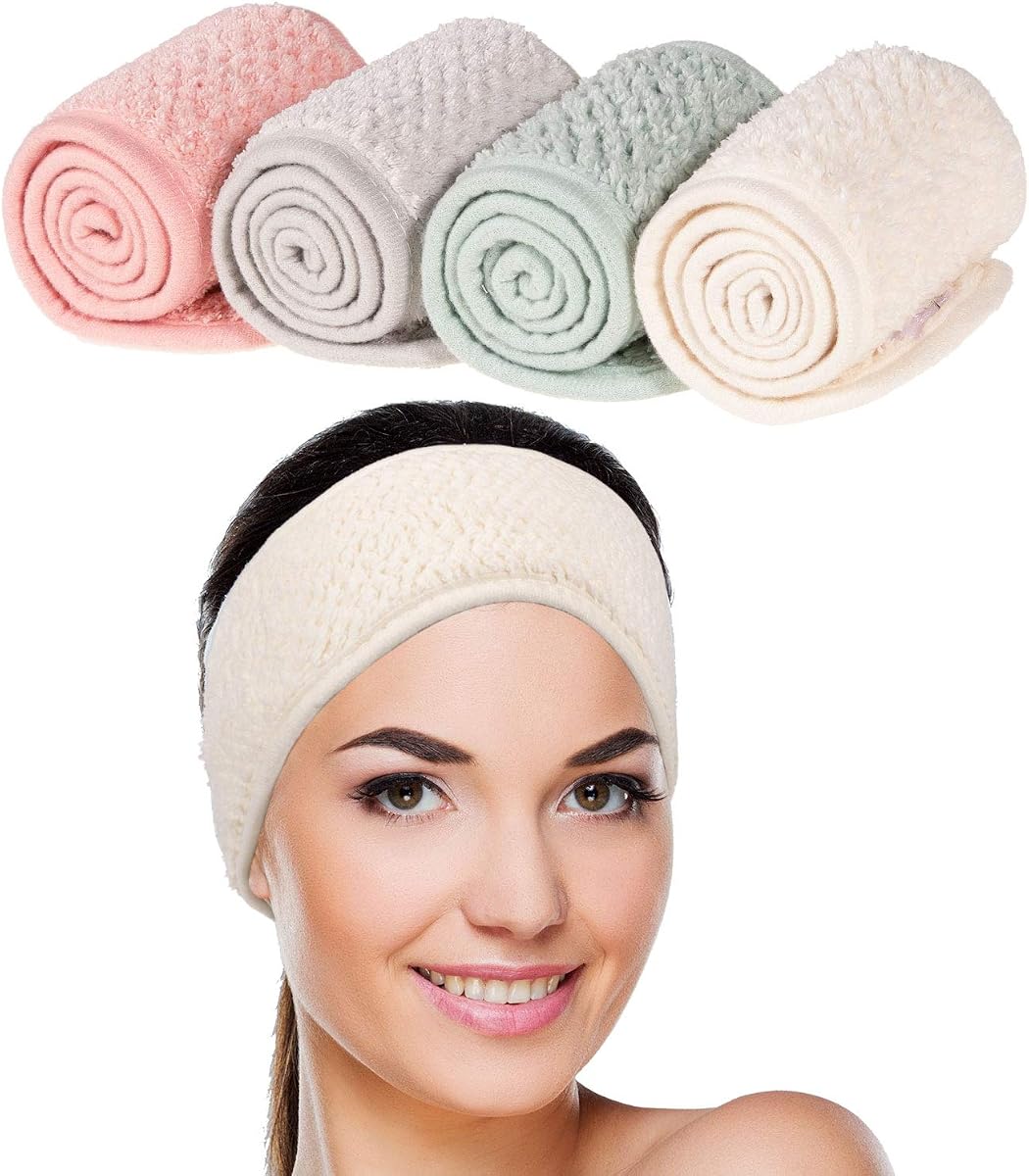 Whaline Paquete de 4 diademas faciales para spa, verde guisante, rosa, beige, gris claro | Envoltura para el cabello de maquillaje, banda para el cabello ajustable, banda para la cabeza de toalla suave, para lavado de cara, ducha, deportes, yoga