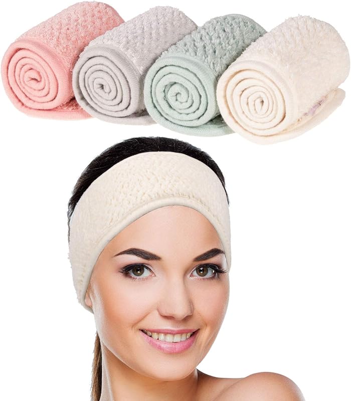 Whaline Paquete de 4 diademas faciales para spa, verde guisante, rosa, beige, gris claro | Envoltura para el cabello de maquillaje, banda para el cabello ajustable, banda para la cabeza de toalla suave, para lavado de cara, ducha, deportes, yoga