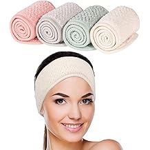 Whaline 4 Pack Spa Facial Headband Makeup Hair Wrap Adjustable Hair Band Soft Towel Head Band for Face Washing, Shower Sports Yoga (Pea Green, Pink, Beige, Light Gray)