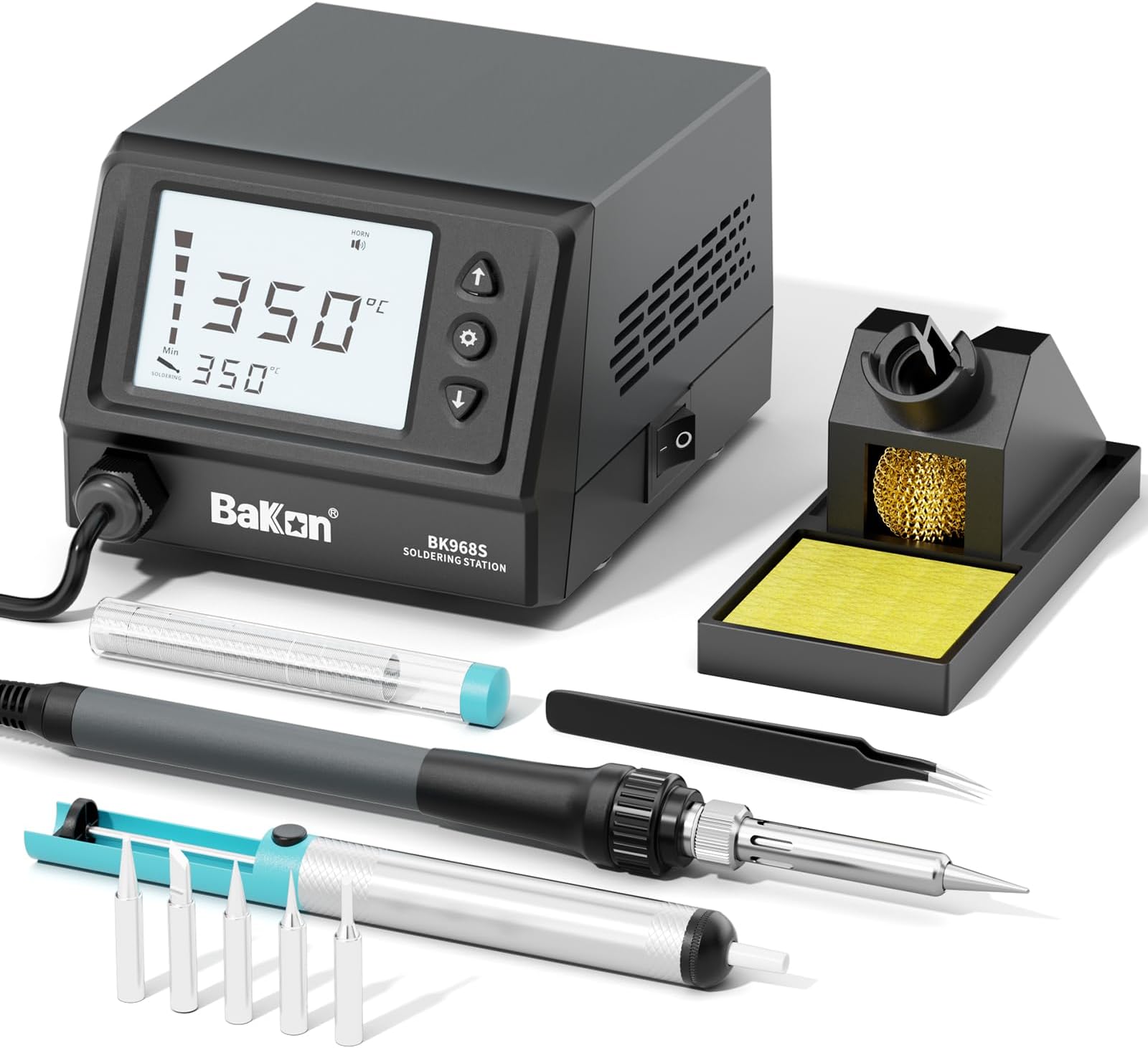 968S Soldering Iron Kit,Digital Soldering Station with Sleep Mode,Fast Heating Up,°C/ºF Conversion(356℉-896℉),Password Lock,ESD Safe,Solder Sucker,Tweezers,Solder,5 Extra Iron Tips