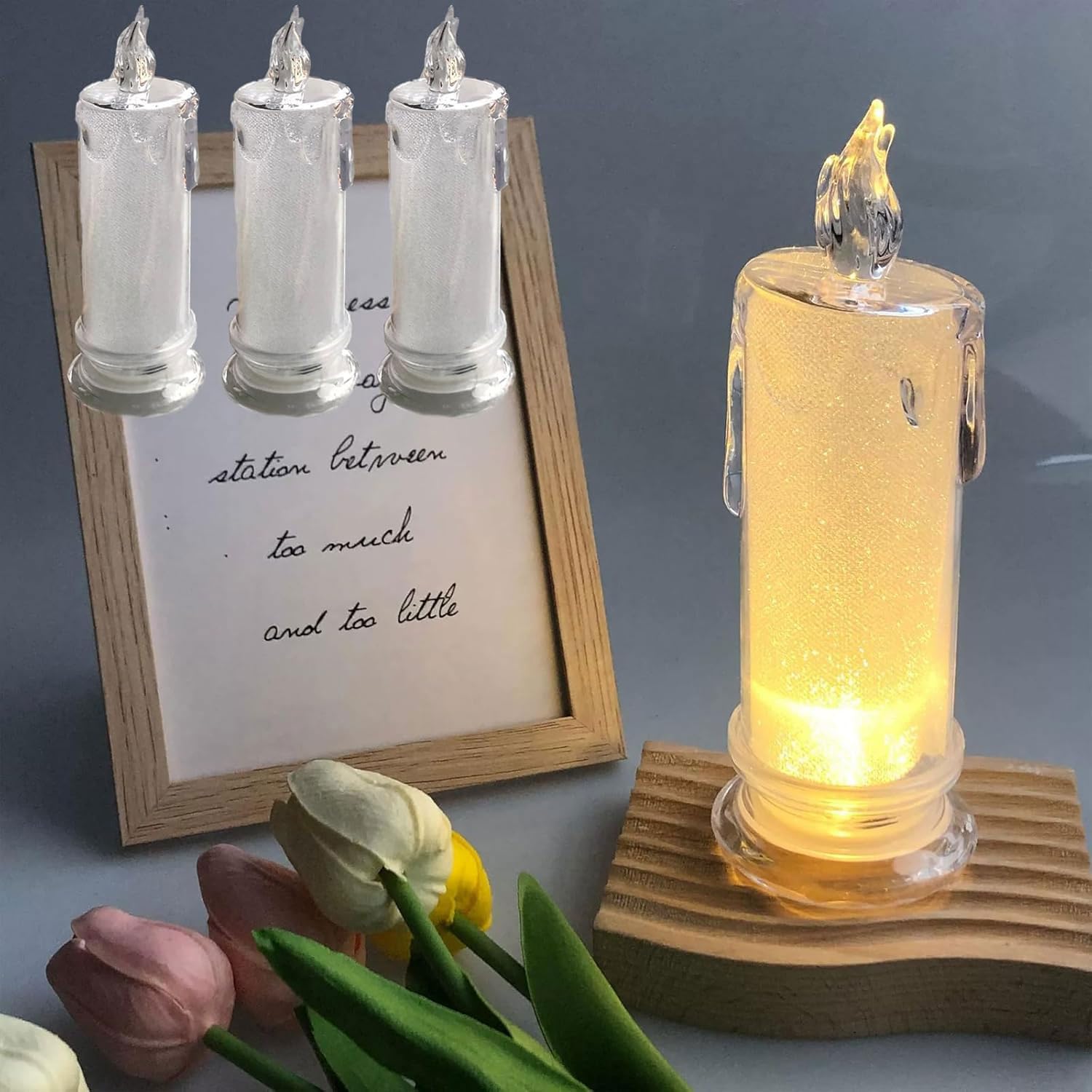 4PCS Rose Shadow Led Flameless Candle Lights, Set of 4 LED Crystal Candle Lights, Flameless LED Candles, Battery Operated Romantic Clear Pillar Candles Set for Wedding Christmas Decoration (White-C)