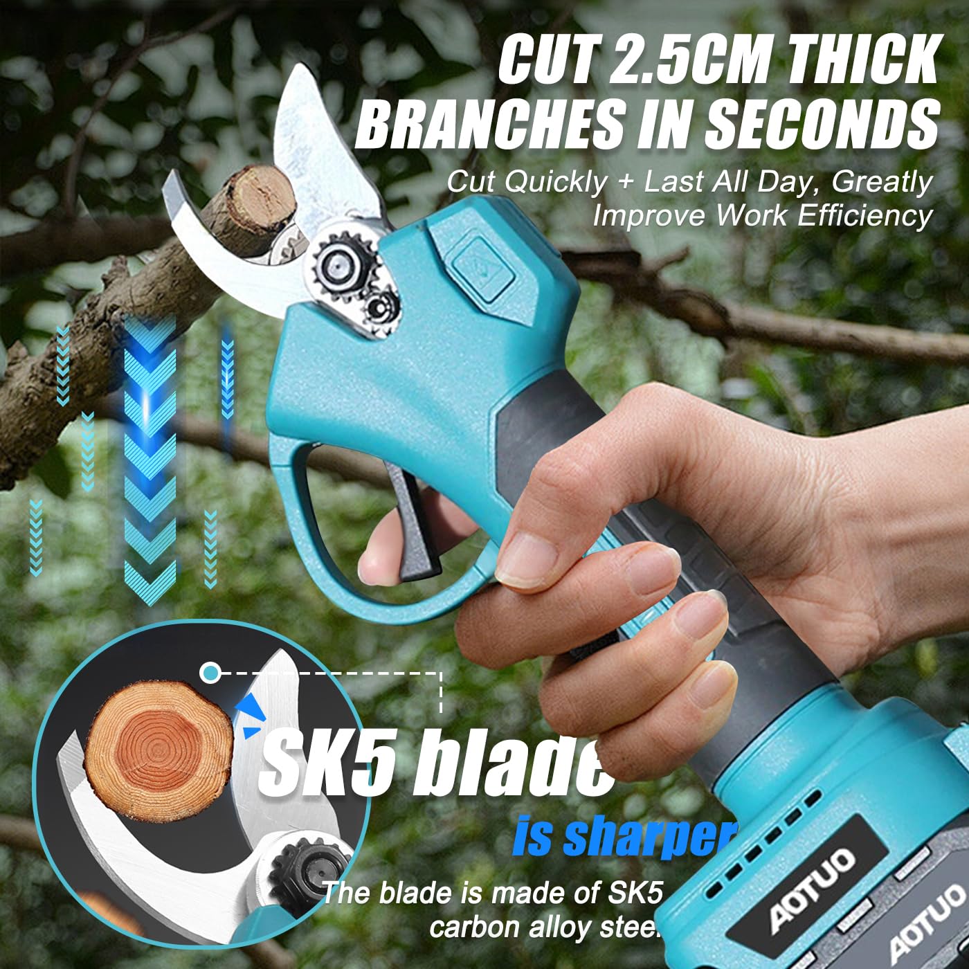 Sécateur Électrique avec Perche, Sécateur Électrique Sans Fil, Batterie Li-ion 2X2.0ah, Secateur Telescopique Electrique Ciseaux de Jardin,Lames Sk5, Réglage de L'angle 90°