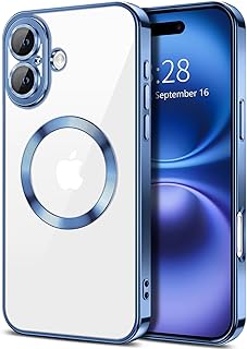 دلـع موبايلك جراب شفاف لموبايل ايفون 16+ بلس 6.7 بوصة مع واقي عدسة كاميرا مدمج غطاء حماية رفيع فاخر من البولي يوريثين الحراري حافظة شفافة للنساء والفتيات والرجال - ازرق معدني