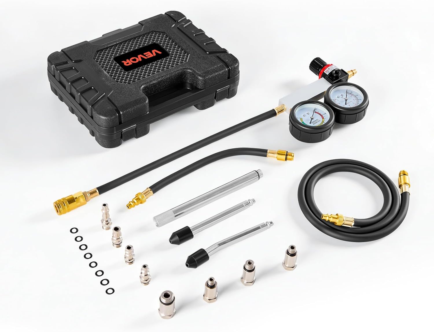 VEVOR Engine Cylinder Compression Tester Kit, Pressure Gauge Range of 0-100 PSI, Automotive Leak Down Tester Kit with 4 Adapters, 2 Metal Tubes, Pressure Check & Leakage Rate Test on Cars, Motorcycles