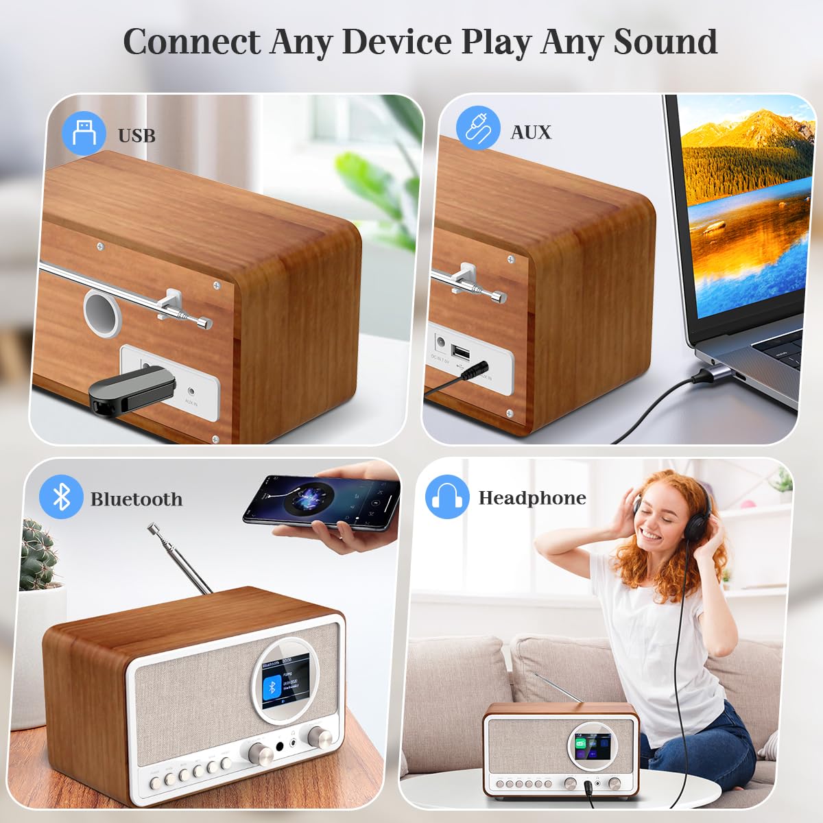 Radio DAB Plus avec Bluetooth, radio DAB+ / FM avec télécommande et fonctionnement sur secteur, radio-réveil avec double alarme, port USB/AUX, minuterie de mise en veille, 30 stations préréglées