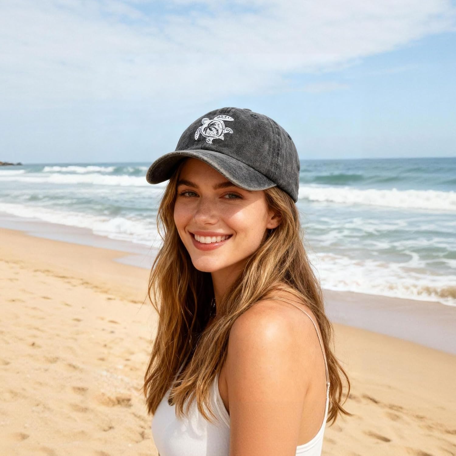 Cute Sea Turtle Baseball Cap Vintage Beach Vibes Sun Hat for Men Women Black - Image 3