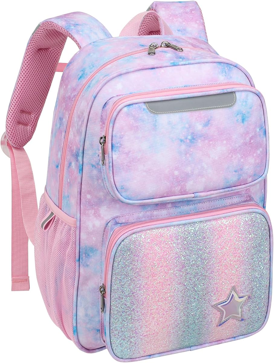 Bagseri Kinderrucksack Mädchen 15L, Leichter Schulrucksack für Vorschule & 1.-2. Klasse, Rucksack mit Brustgurt & Isolierfach, Passend für DIN A4 Schnellhefter, Reflektierend, Rosa Tie-dye