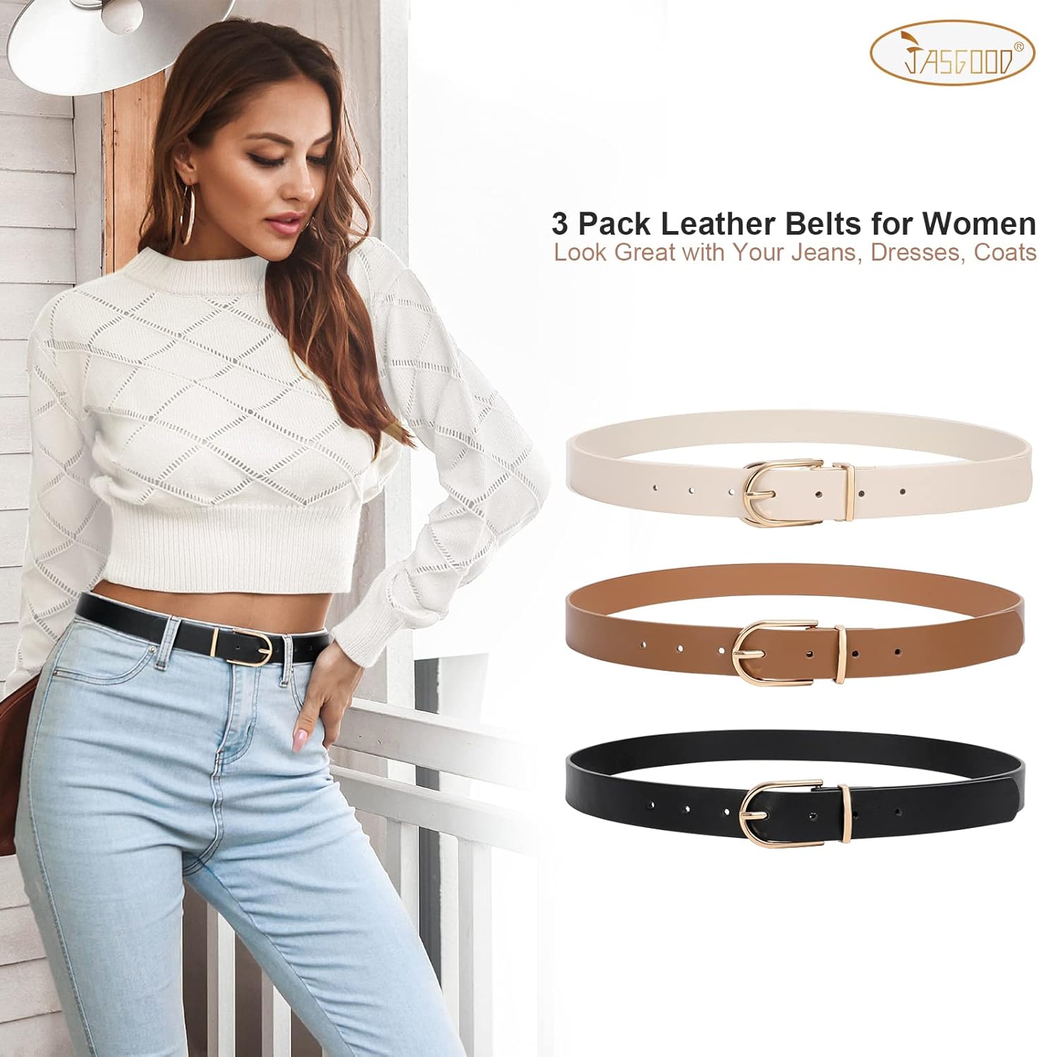 JASGOOD Women’s Leather Belts for Jeans Pants Fashion Ladies Belt with Gold Buckle - Image 2