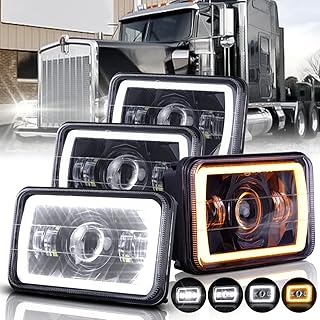 BLIAUTO 4x6 LED Headlights DOT Approved 4PCS With Halo Turn Signals DRL,75W Rectangle Hi/Low Seal Beam Projector H6545 H4651 H4652 H4656 H4666 Head Lights for Kenworth T800 T600 W900 Peterbilt 379 378