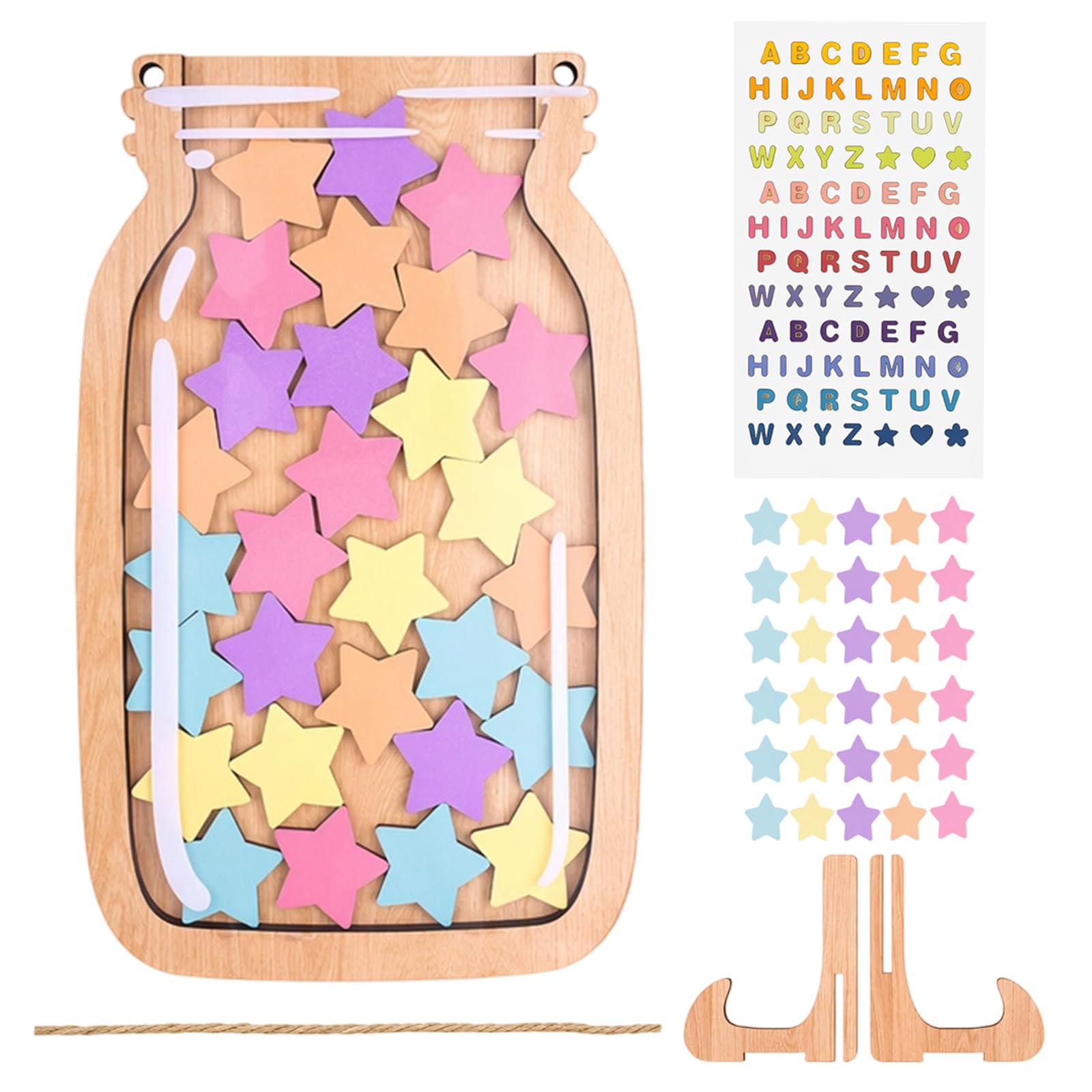 1Pcs Wooden Reward Jar Set, Clear Panel Star Jar with Flower Tokens, Visual Tracking System for Routine Building