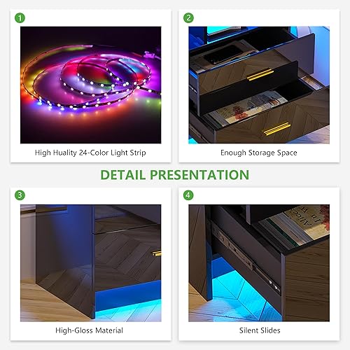 Miniatura 5 de HNEBC Mesita de noche LED, RGB negro con estación de carga USBinalámbrica, moderna mesita de noche con sensor automático de luces RGB, mesa auxiliar