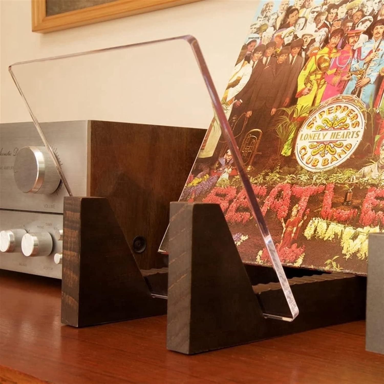 CD Holder Vinyl Record Storage Holder - Stacks up to 50 Albums, 7 or 12 inch LPs Solid Wood Organizer with Clear Acrylic Ends, Modern Portable Stand