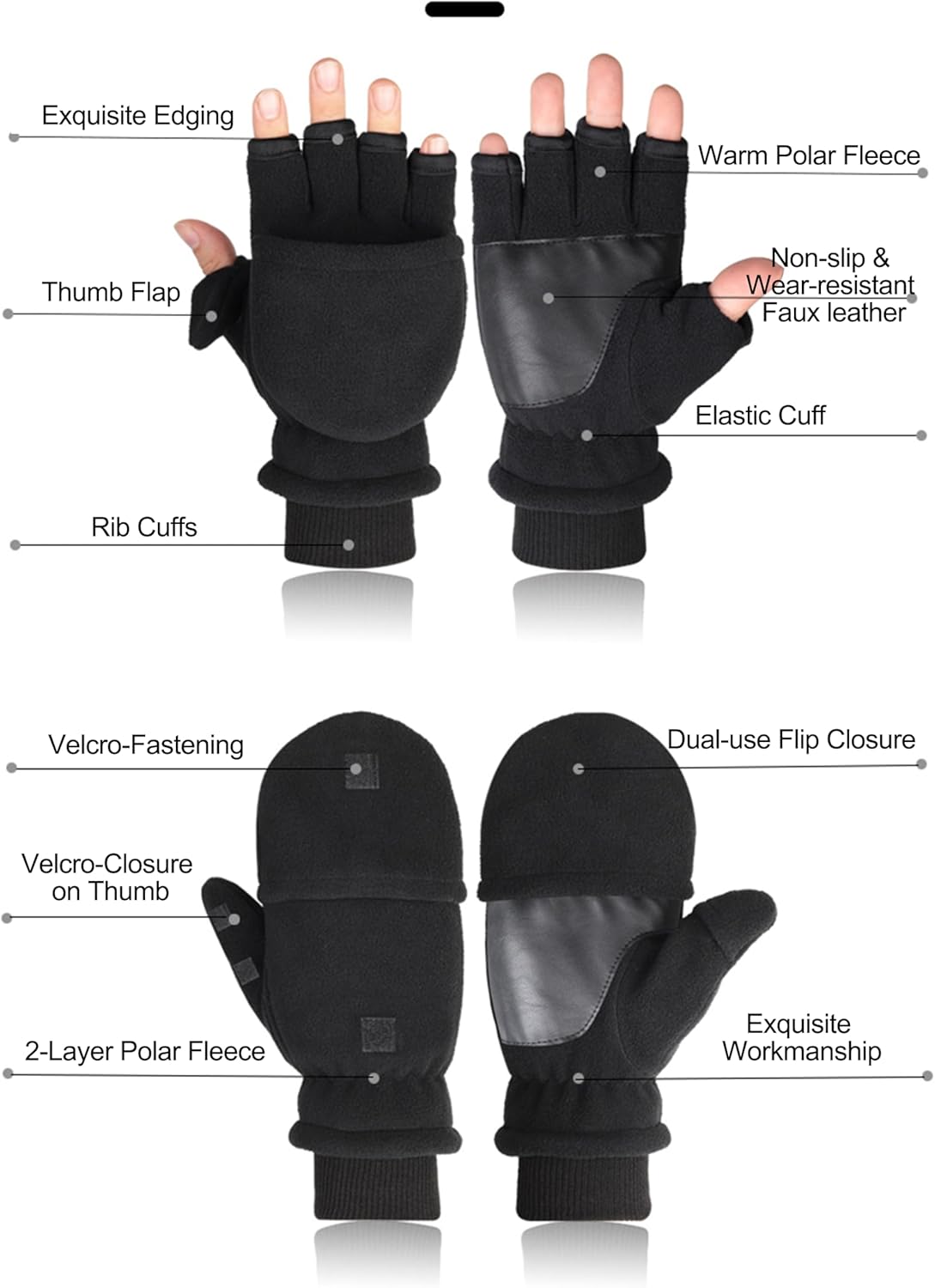 Winter Fingerless Mittens Men Women Convertible Flip-Top Windproof Warm Polar-Fleece Lining Texting Running Gloves - Image 3