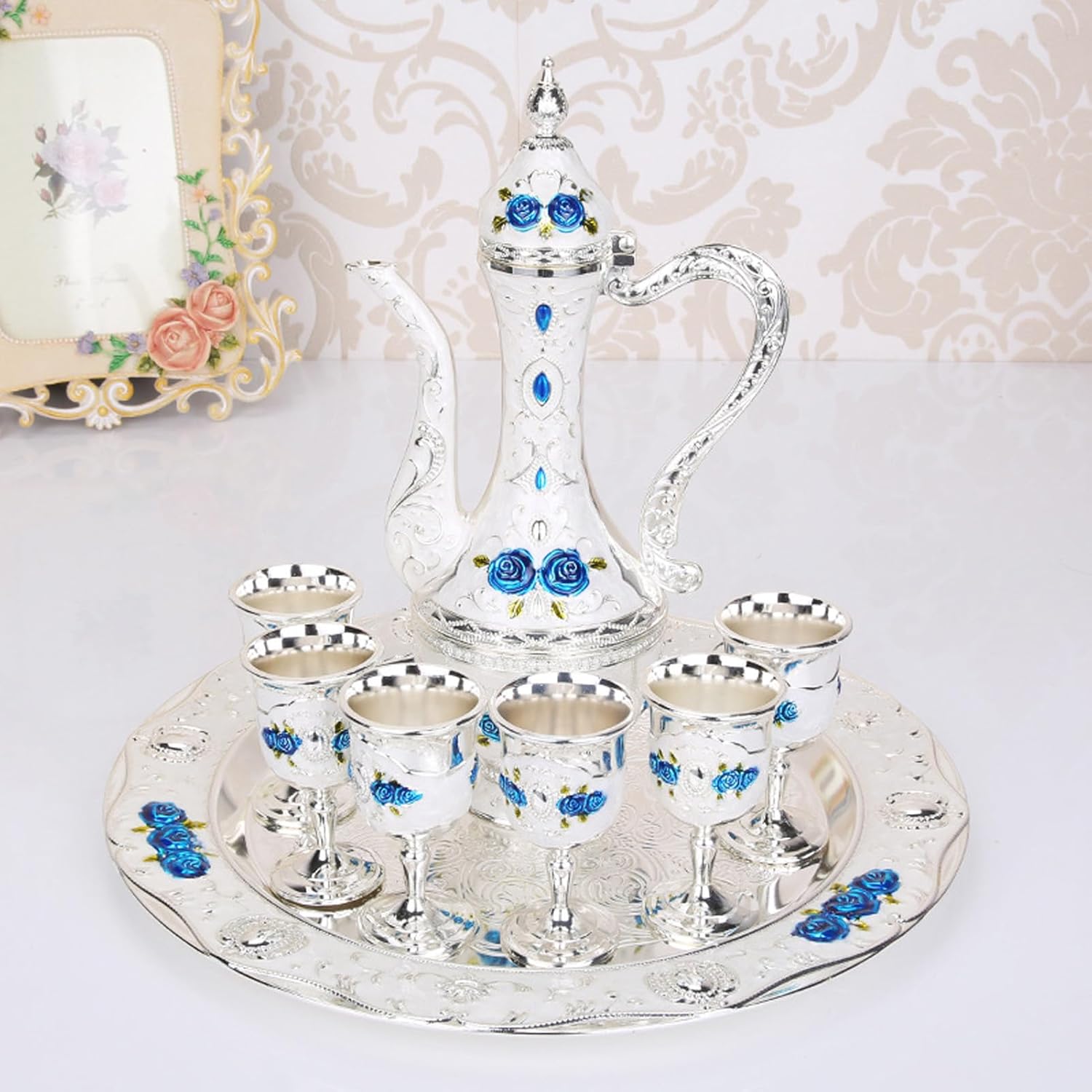 Vintage Coffee Pot Set, European Court Style Metal Tea Pot Cups Set, Wine Pot Set Decoration for Home Wedding (Sliver White Blue)