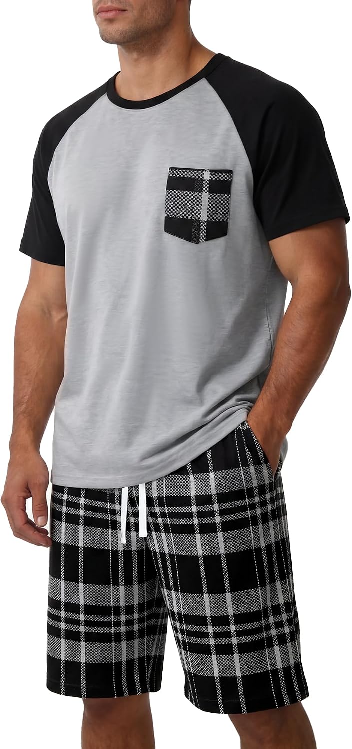 Mens Pajamas Set Soft Short Sleeve Pjs Plaid Pajamas 2 Piece Sleepwear Mens Loungewear Sets Summer with Pockets