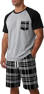Mens Pajamas Set Soft Short Sleeve Pjs Plaid Pajamas 2 Piece Sleepwear Mens Loungewear Sets Summer with Pockets