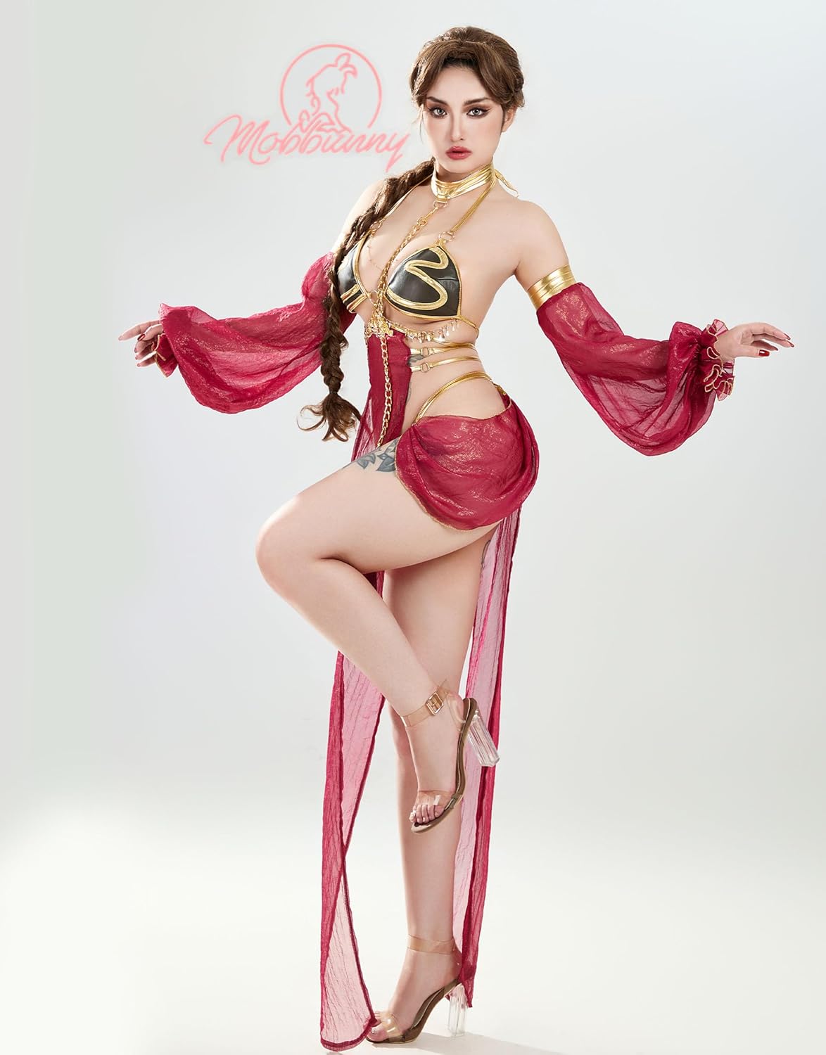 Mobbunny Women Princess Derivative Cosplay Costume Movie Sexy Lingerie Top Thong with Sleeves Choker Chest Chain