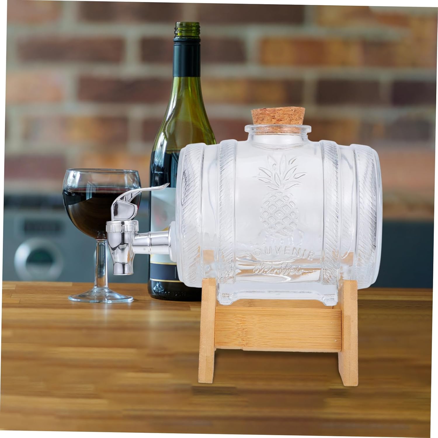 Gatuida 1set Retro Glass Drink Barrel Bamboo Stand Sealed Beverage Container for Home Parties and Weddings Stylish Glass Wine Bottle Dispenser
