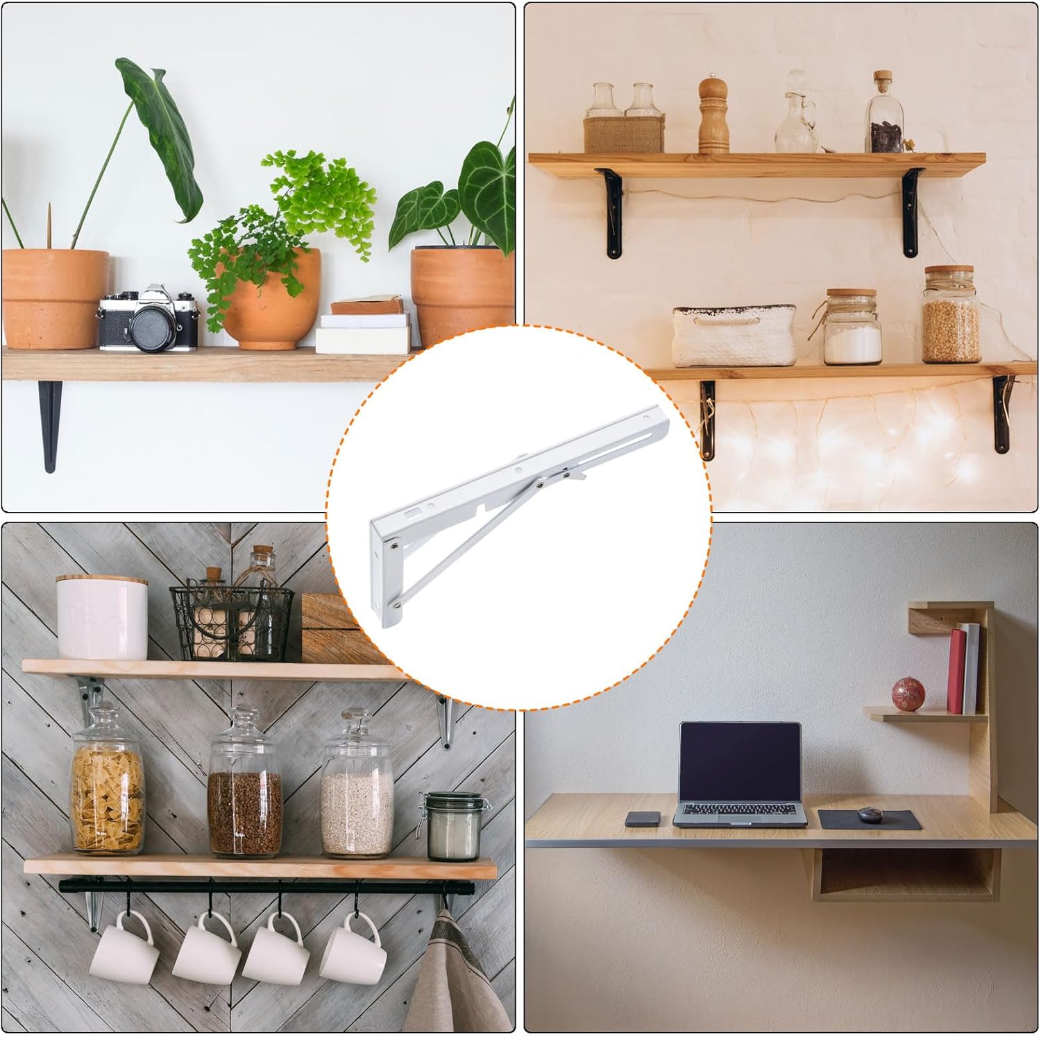 uxcell 2 Pcs Folding Shelf Brackets, 10 Inch Iron Collapsible Shelf Bracket, L Shelf Bracket Wall Mounted for Table , White