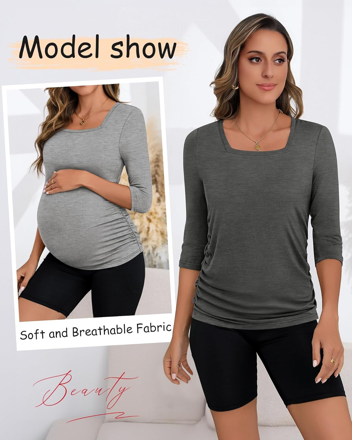 Ficerd 3 Pack Maternity Top 3/4 Sleeve Basic Square Neck Maternity T Shirt Ruched Pregnancy Blouse(Black, Light Gray, Dark Gray,Large) - Image 5
