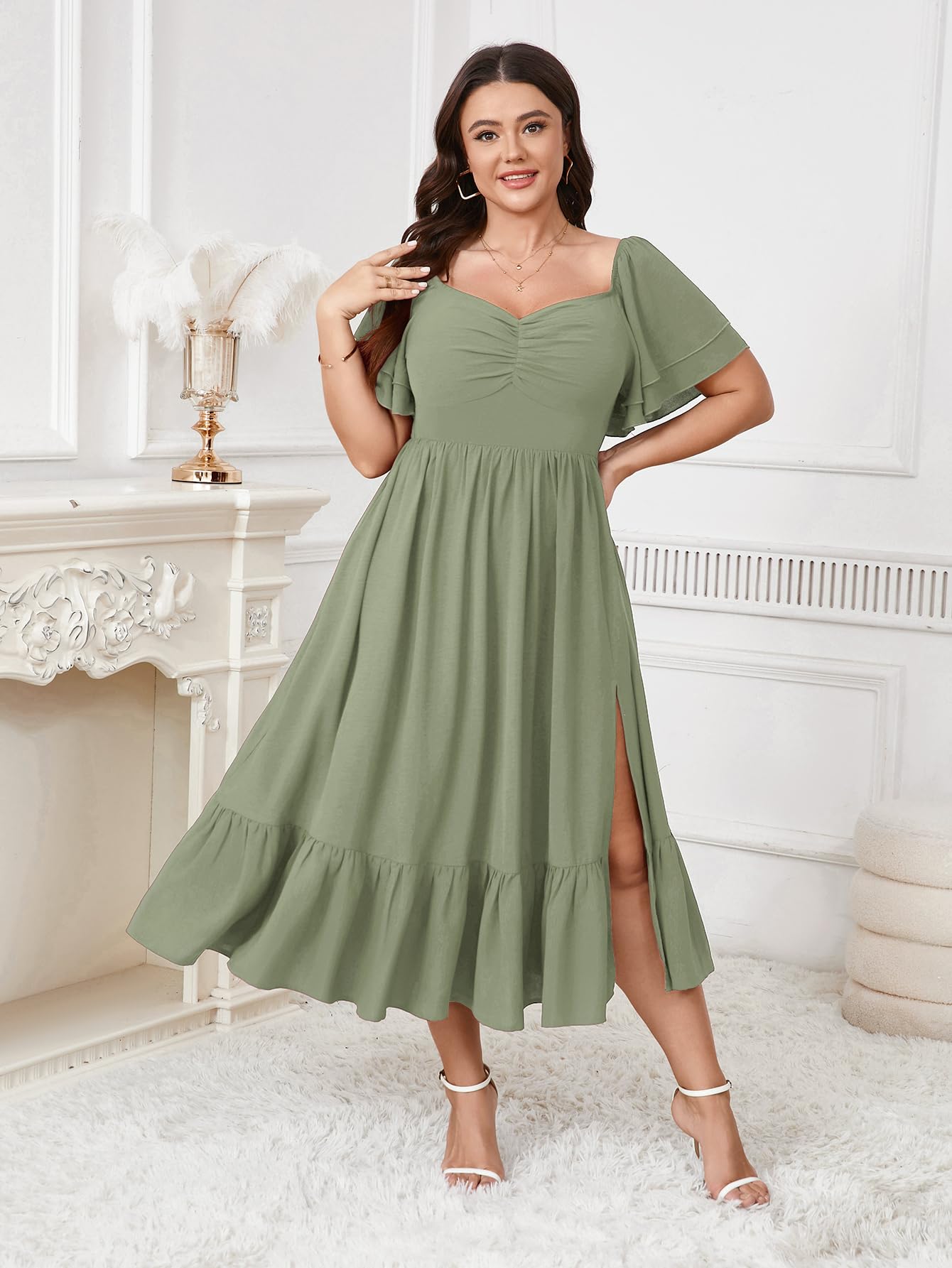 SCOMCHIC Vestido largo para mujer, talla grande, para invitada de boda, con escote corazón, manga corta, fruncido, con volantes, abertura