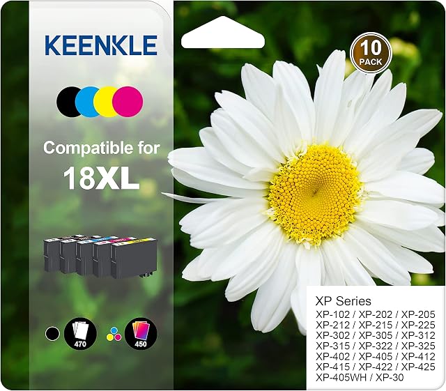 KEENKLE 18XL Daisy Compatible Multipack,4-colours Ink Cartridges, for Epson 18 XL Expression Home XP202 XP205 XP215 XP225 XP305 XP312 XP315 XP322 XP325 XP405 XP415 XP422 XP225 XP412 XP425 (10-Pack)
