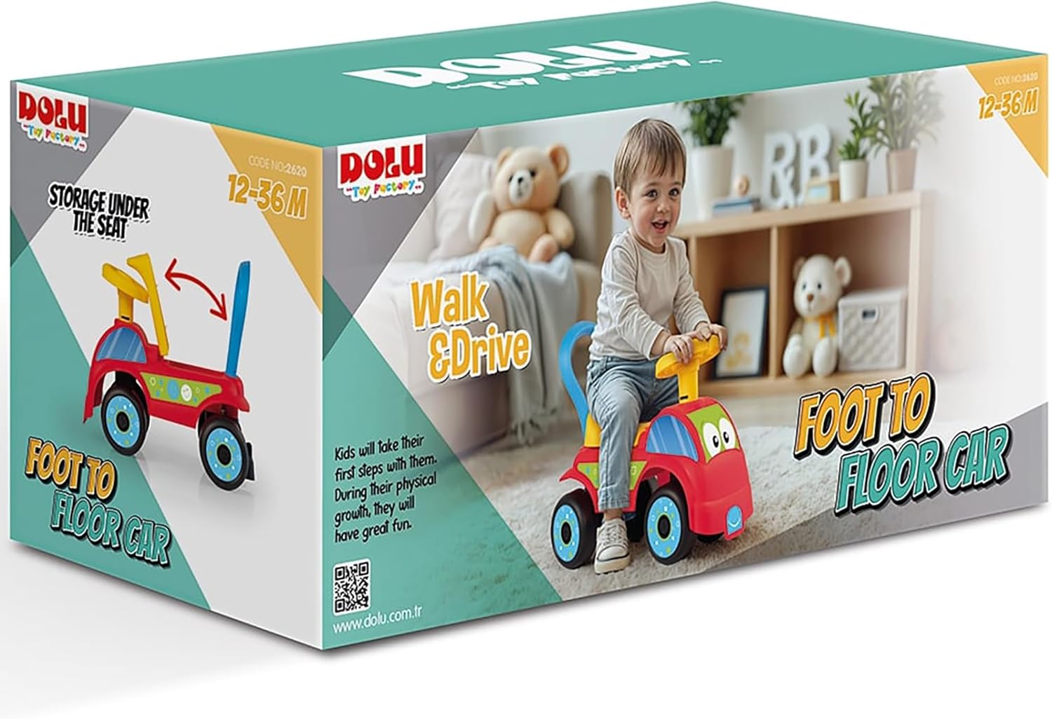 DOLU: Walk & Drive: Foot-to-Floor Car - Red & Blue - Ride-On Toy Vehicle, Horn, Storage Seat, Push-Pull Handle, Indoor-Outdoor Play, Toddlers 12mo+