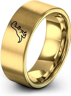 Gift for Dinosaur Fan - Dinosaur Ring - Gunmetal Black Yellow Gold - 8mm - Personalized Custom Engraving - Anniversary Wedding - Tungsten - Band - Men Women - Flat Dome Bevel - Brushed Polished