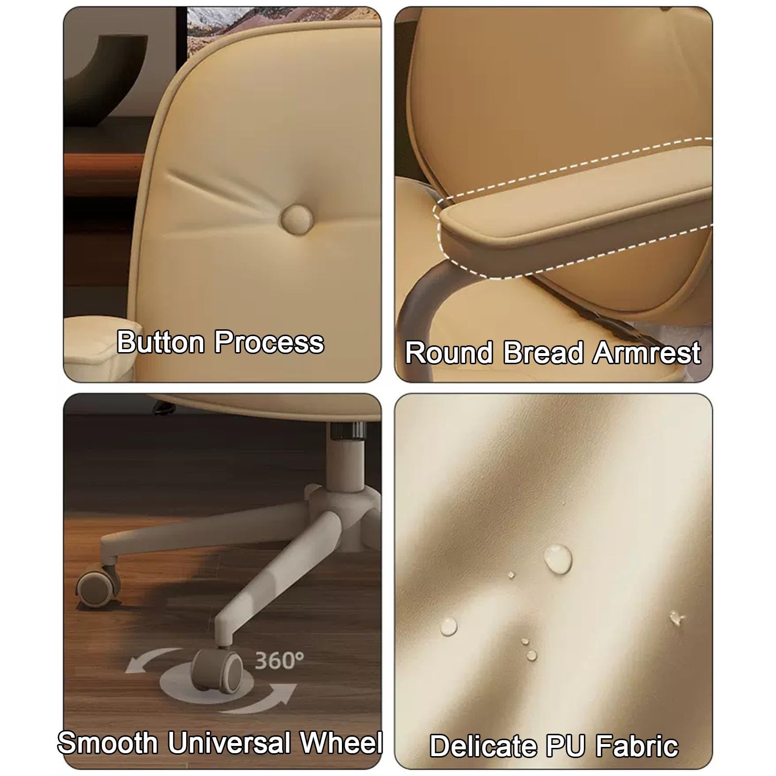 Sedia da toeletta moderna con angolo di inclinazione regolabile e funzione girevole, elegante poltrona imbottita per soggiorno e stazione di trucco (gambe nere beige)
