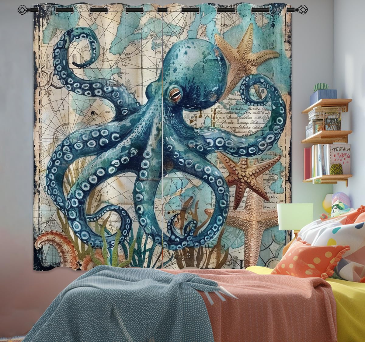 Octopus Blackout Curtains for Girls Boys Teens Home Decor, Nautical Map Ocean Animal Starfish Beach Grommet Thermal Insulated Drapes Darkening Window Curtain for Bedroom Living Room, 55 x 63 Inch