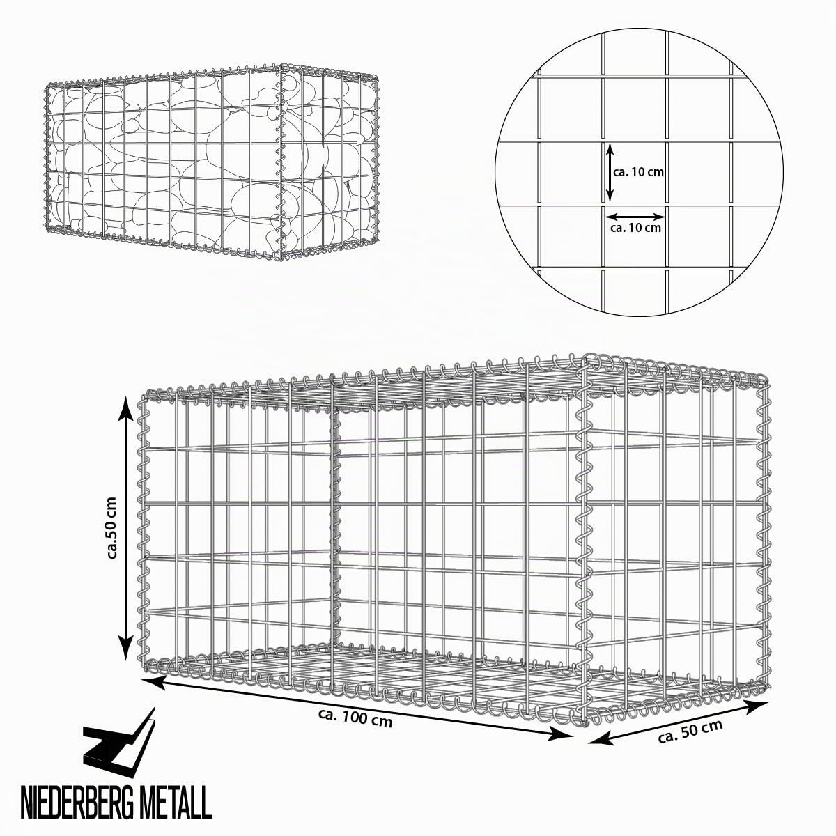 Gabbione 100x50x50 cm - Maglia 10x10 cm - Barriera Acustica Aiuola Rialzata - Gabbia Pietra Spirale - Zincato Caldo Riempibile - Galvanizzato Filo Acciaio Giardino Esterno Muro Sassi
